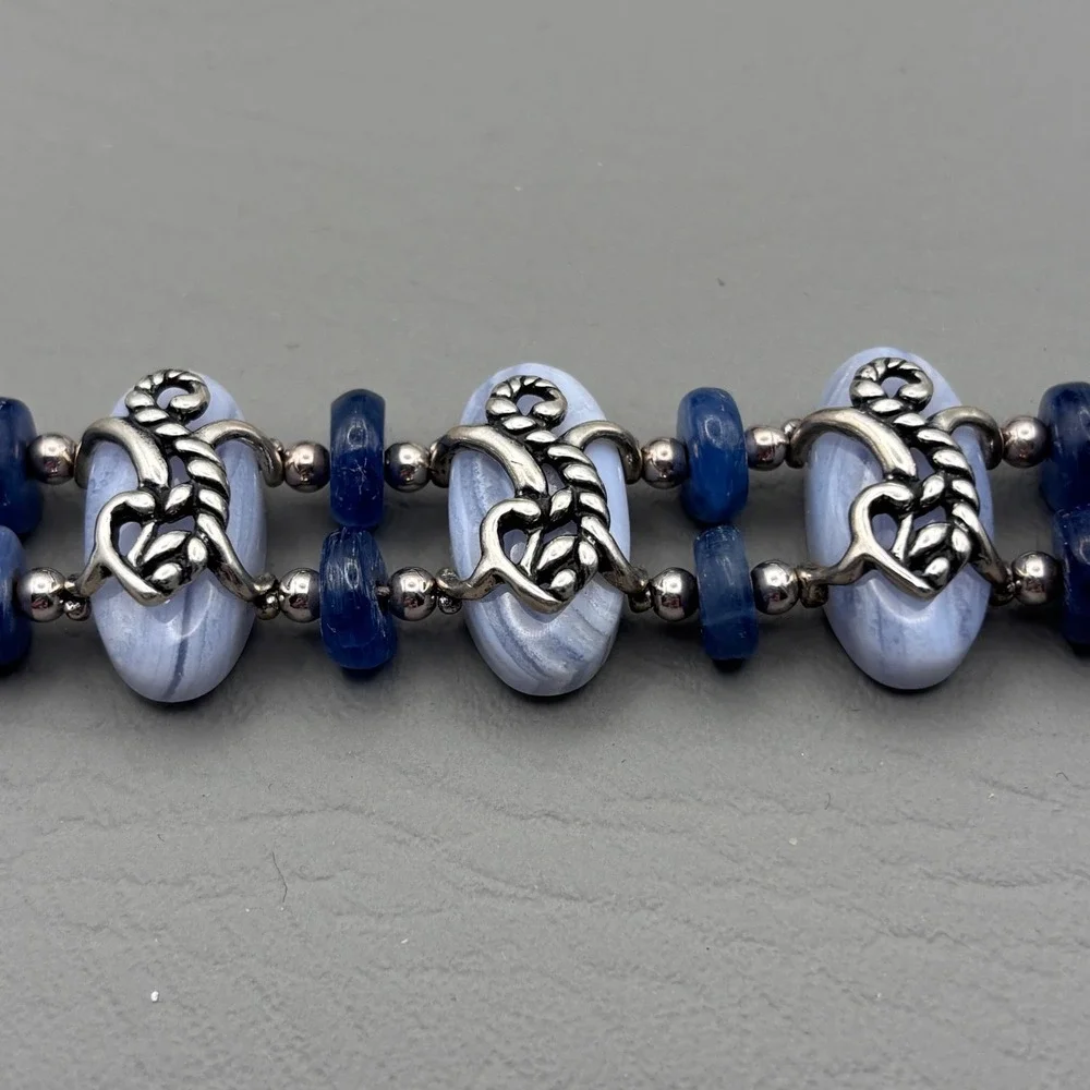 Vintage Carolyn Pollack Half Moon Bay Link Bracelet 925 Blue Lace Agate Kyanite